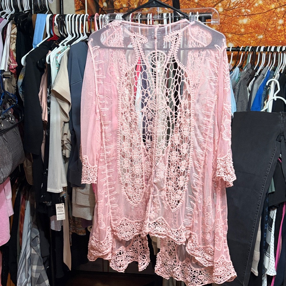 UV Los Angeles Pink Sheer Crochet Lace Kimono Cardigan Cover Up XL - Picture 2 of 3